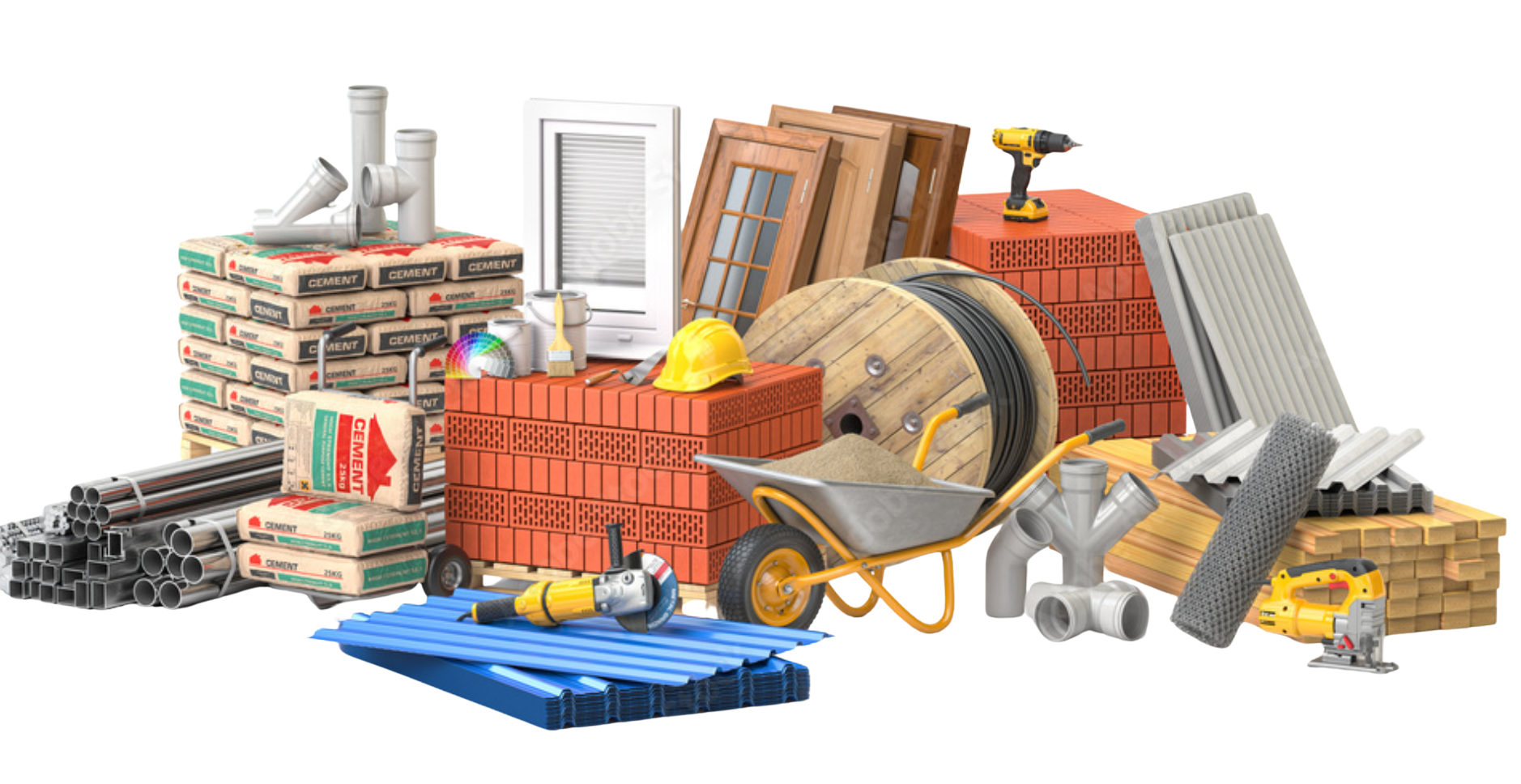 Materiais de construção - Cimento, tijolos, ferramentas e mais